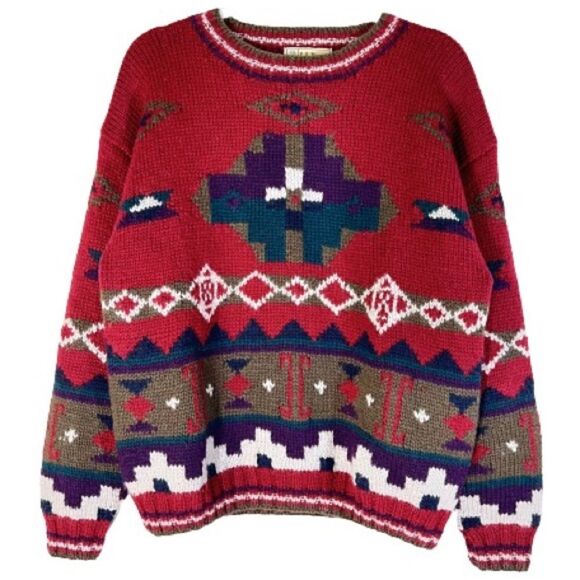L.L. Bean Sweaters - L.L. Bean Vintage 80's 100% Wool Aztec Western Crewneck Sweater Chunky Knit